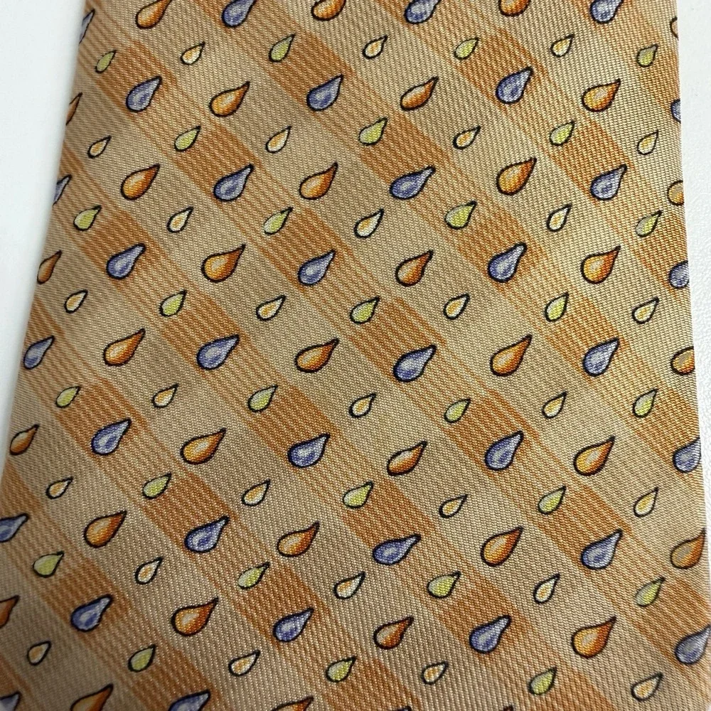 Hermes Mens Tie Rain Drops Orange 100% Satin Silk 7907 MA 3.5